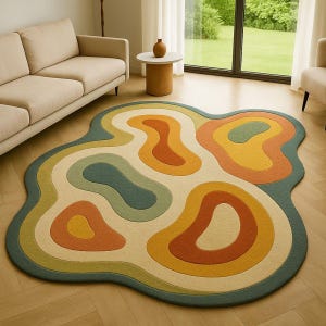 May include: A colorful, abstract area rug with a unique, organic shape. The rug features a cream-colored base with layered, irregular shapes in shades of orange, yellow, green, and teal. The rug is designed to add a modern touch to any living space.