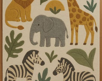 Safari Animal Kids Rug, Jungle Theme Nursery Rug, Lion Giraffe Elephant Zebra Carpet.