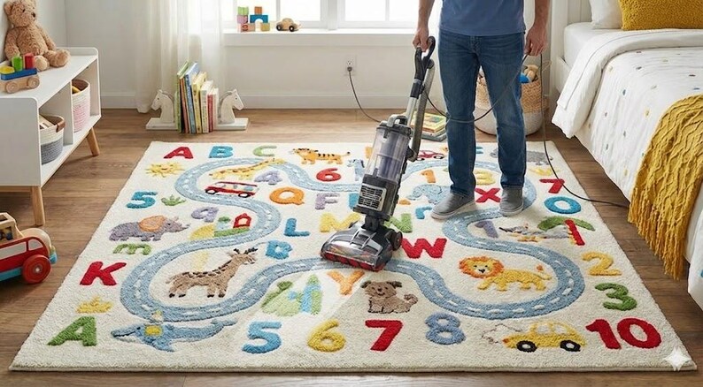 May include: A colorful children's rug with an alphabet and number design. The rug features a road with various animal illustrations and vehicles. A person is vacuuming the rug with a gray and black vacuum cleaner.
