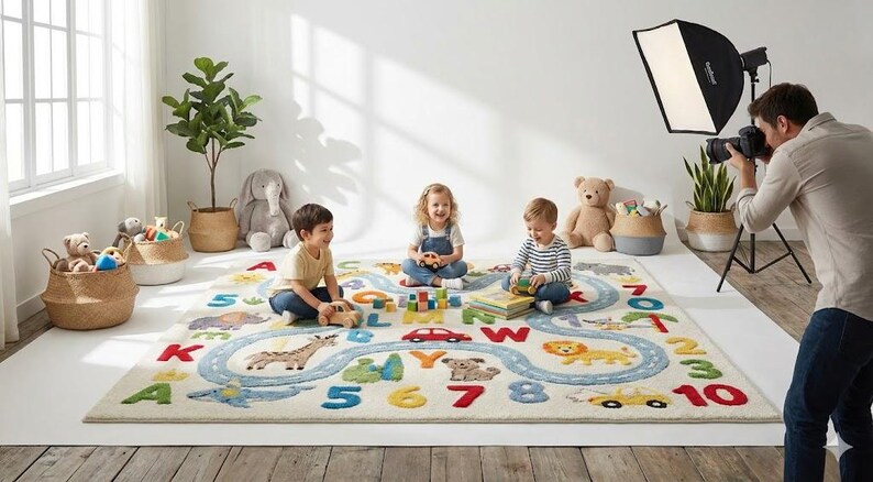 May include: A colorful children's rug with a road design, numbers, and animal illustrations. Three children are playing on the rug with toys. Baskets with stuffed animals and a photographer are in the background.