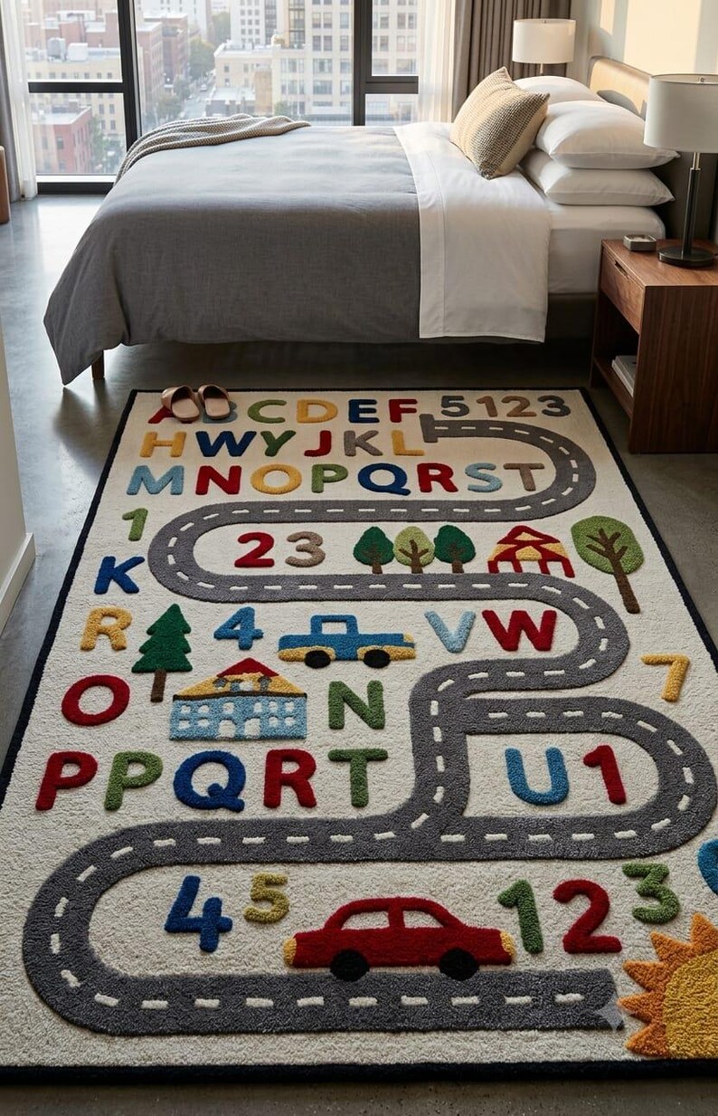 May include: A rectangular area rug with a cream-coloured background featuring a winding grey road, colourful raised letters of the alphabet, numbers, and various icons including trees, houses, and cars in red, blue, green, and yellow hues.