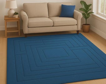 Hand-Tufted Blue Area Rug – Modern Square Pattern Wool Carpet for Bedroom or Office