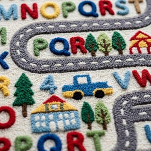 May include: A tufted rug featuring a cream-coloured background with a colourful alphabet, numbers, and a winding grey road. The design includes embroidered icons of green trees, a blue car, and a house with a red roof, all in a textured yarn finish.