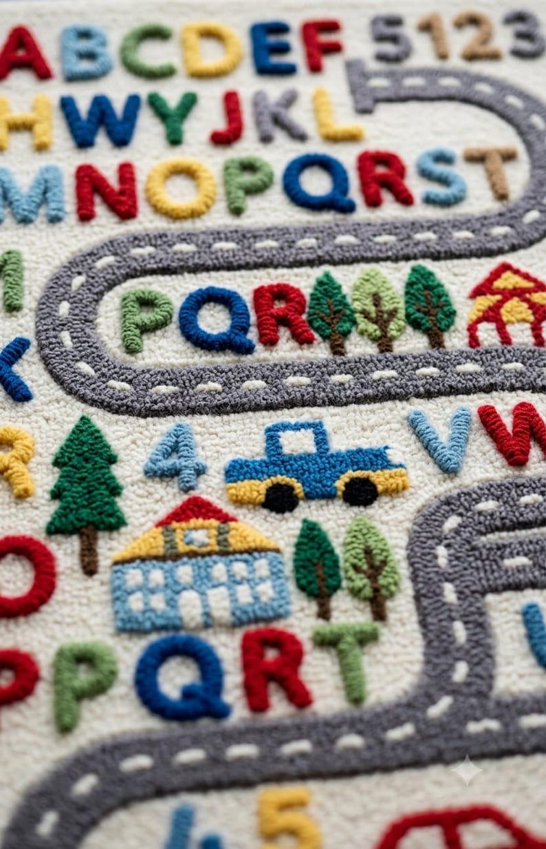 May include: A tufted rug featuring a cream-coloured background with a colourful alphabet, numbers, and a winding grey road. The design includes embroidered icons of green trees, a blue car, and a house with a red roof, all in a textured yarn finish.