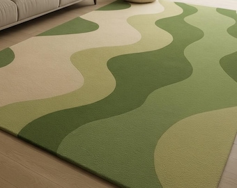 Green Abstract Wave Rug, Modern Area Rug, Minimalist Living Room Carpet, Organic, Contemporary Home