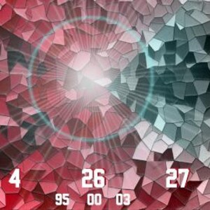 May include: Abstract digital art with a mosaic-like pattern in red, gray, and teal. A bright light emanates from the center, surrounded by a blue halo. White numbers are at the bottom.
