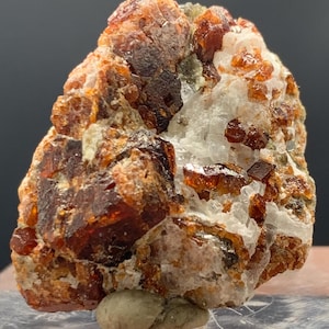 May include: A cluster of raw, uncut garnet crystals. The crystals are a deep reddish-brown color, with a glassy, reflective surface. The garnet is embedded in a matrix of white and tan minerals, creating a striking contrast. The overall shape is irregular and natural.