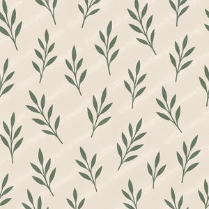 May include: A seamless pattern featuring olive green leaf sprigs on a cream background. The leaves are stylized with multiple leaflets, creating a repeating botanical design. The overall aesthetic is simple and elegant, suitable for various applications.