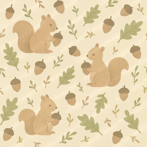 May include: A repeating pattern featuring cartoon squirrels holding acorns, interspersed with acorns, leaves, and sprigs. The squirrels are light brown, the leaves are green, and the background is a light beige color. The overall theme is autumn and nature.