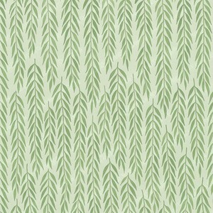 May include: A seamless pattern featuring a repeating design of green willow branches with long, slender leaves. The leaves are a muted green color, and the background is a light green. The pattern is suitable for fabric, wallpaper, or other decorative applications.