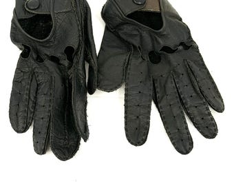 Vintage 80s Black Genuine Leather Minimalist Perforated Snap Driving Gloves