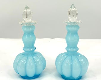 Vintage 60s Fenton Powder Blue Azure Crest Melon Ribbed Perfume Bottle Pair