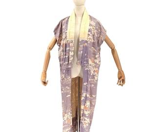 Kimono Nagajuban vintage dos anos 50, era Showa, roxo, 100% seda, com estampa floral.