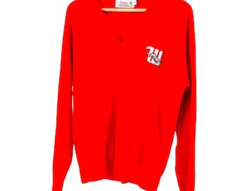 Vintage jaren 70 Bowman Sportswear rode collegiale trui met v-hals en tijger