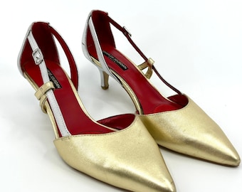 Vintage Y2K Charles Jourdan Gold Silver Leather Pointed Toe T-Strap Heels
