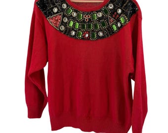 Vintage 90s Victoria Harbor Red Maximalist Jeweled Beaded Collar Sweater