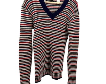Vintage 70s Paul Arnold Navy Red Striped Knit V-Neck Sweater