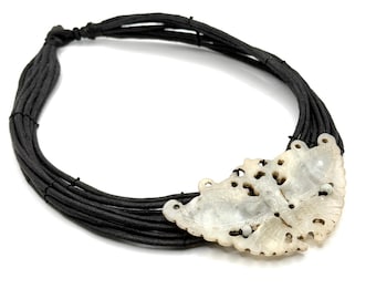 Vintage Handcarved White Jade Black Cord Ethereal Statement Butterfly Necklace