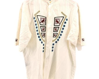Koszula z krótkim rękawem w stylu vintage z lat 80. Ayme Off White, 100% bawełny, haftowana