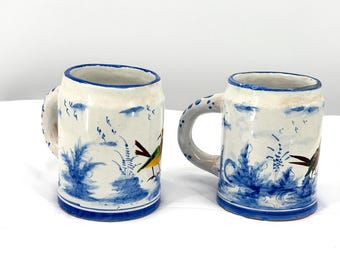 Vintage 1970s VG Spain Blue White Ceramic Hand Painted Bird Beer Stein Mugs