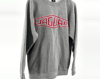 Felpa vintage anni '90 con stampa grafica in misto cotone grigio e ricamo Jaguar