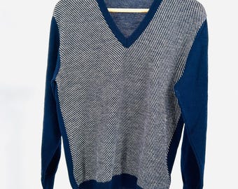 Vintage 80s Franck Olivier Paris Navy Blue Wool Blend Striped V Neck Sweater