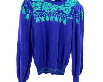 Suéter azul verdoso bordado de la colección Umi de los años 80 de Anne Crimmins