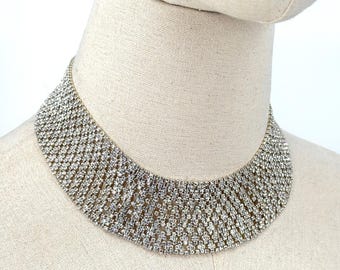 ヴィンテージ Y2K シルバートーン ワイドクリスタルラインストーン ステートメントチョーカーネックレス