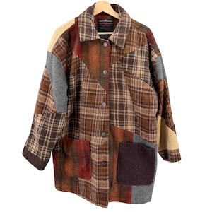 Vintage jaren 90 Sacred Threads bruine patchwork 100% wollen geruite shacket autojas
