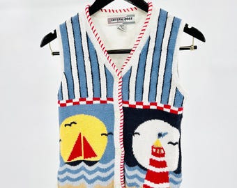 Vintage 90s Crystal Kobe Petites Blue White Nautical Lighthouse Sweater Vest