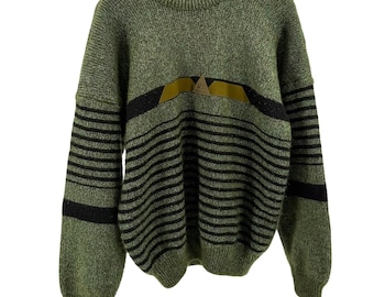 Jersey de cuello redondo de acrílico con ribete gráfico de rayas negras y verde bosque, estilo vintage de los 80 de JAG.
