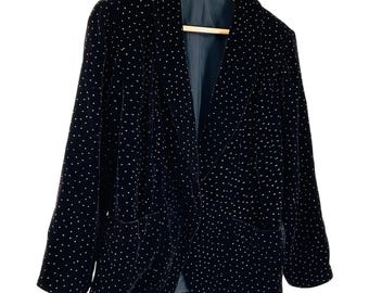 Veste blazer de smoking formelle en velours noir doré à pois métallisé vintage des années 80