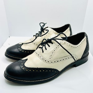 Cole Haan Black Cream Leather Saddle Oxford Wingtip Brogue Shoes