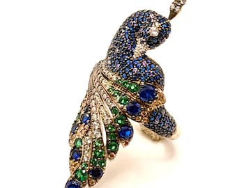 Vintage Y2K gestempelt Sterling Silber mehrfarbig Pave Pfau Statement Ring