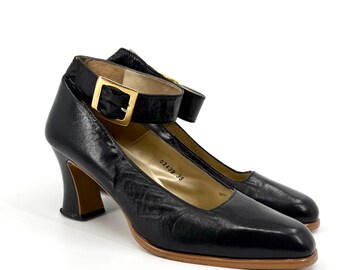 Vintage 90s Gino & Salvatore Black Leather Glam Block Heel Mary Jane Pumps