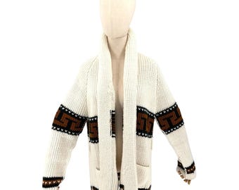 Vintage 70s Cream Brown Chunky Knit Shawl Collar Geometric Cardigan Sweater