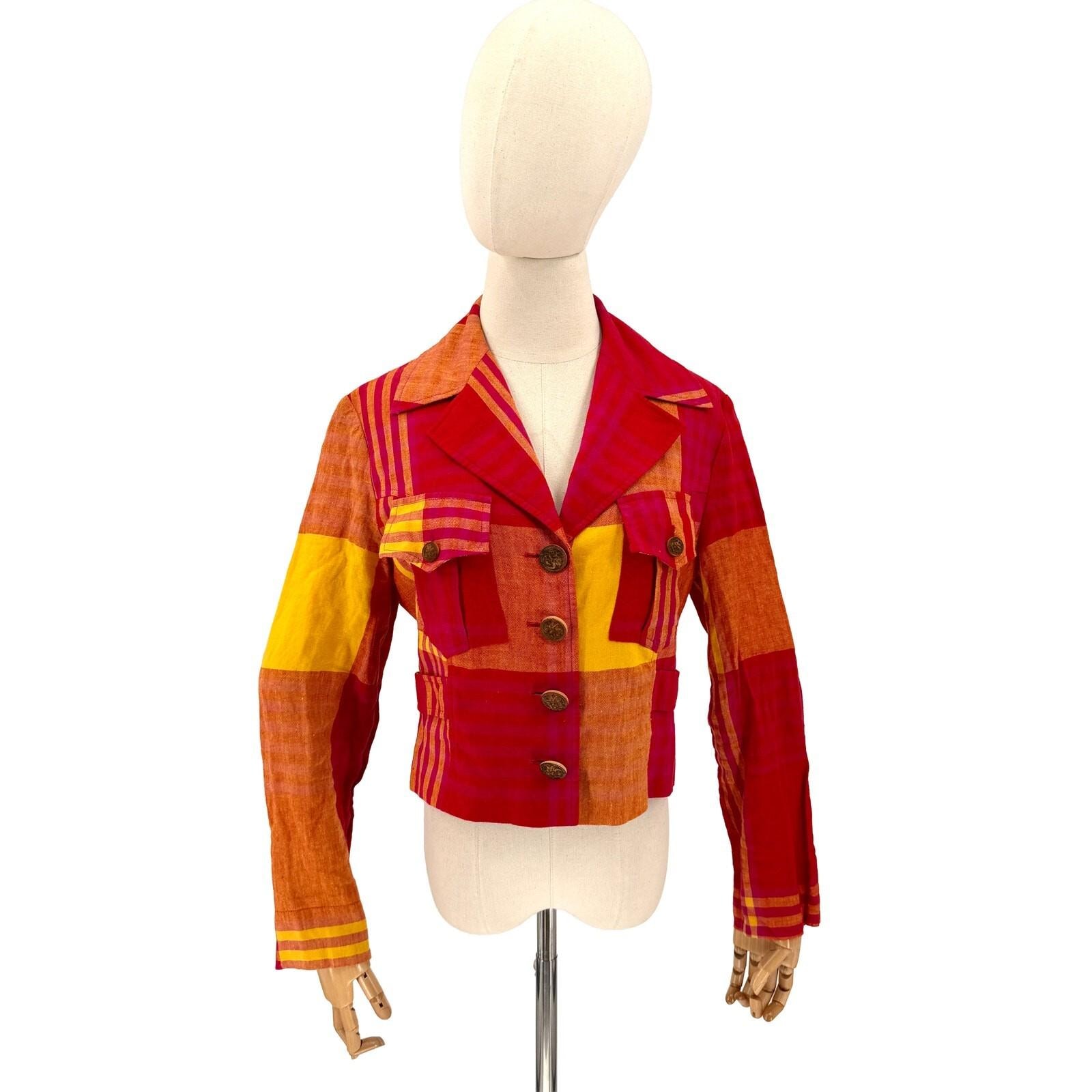Christian Lacroix, Vintage 90s Christian Lacroix Red Plaid 100% Linen Jacket