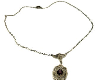 Vintage 20er Art Deco Lila Amethyst Filigrane Silberfarbene Lavalier Halskette