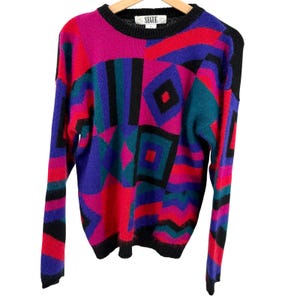 Vintage 90s Segue Multicolor Silk Angora Geometric Abstract Crewneck Sweater