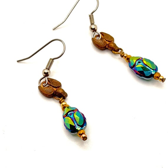 Vintage 90s Scarab Iridescent Green Blue Glass Beetle Drop Earrings