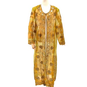 Vintage 80s Tan-Chho Green Gold Maximalist Beaded Sheer Shoulder Pad Duster