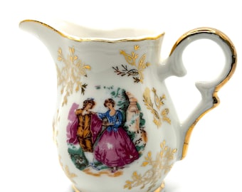 Vintage 50s White Porcelain Rococo Gilt Courting Couple Creamer