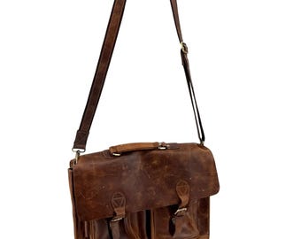 Vintage Y2K Distressed Brown Genuine Leather Heavy Messenger Briefcase Bag