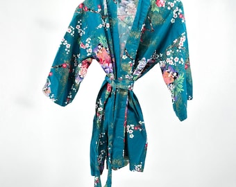 Kimono japonés vintage Y2K para niño, 100 % sarga de algodón, color verde azulado
