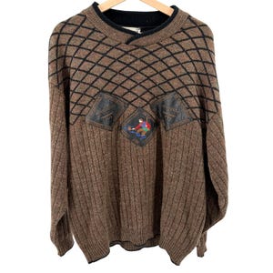 Vintage 80s Guy Laurent Brown 100% Wool Outdoor Leather Patch Sweater