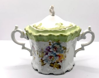 Vintage 1900s RS Prussia White Green Porcelain Art Nouveau Sugar Bowl