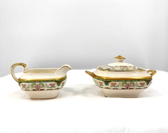 Vintage 1930s Crooksville Cream Porcelain Gilded Floral Creamer Sugar Set