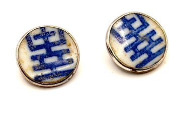 Vintage 90s Sterling Silver Blue White Porcelain Double Happiness Earrings