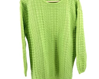 Vintage 90s American Knitworks Neon Lime Green 100% Cotton Grid Knit Sweater
