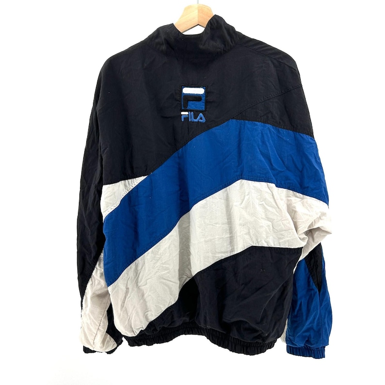 Vintage 90er Jahre Fila Schwarz Blau Weiss Colorblock Trainingsjacke Bild 4